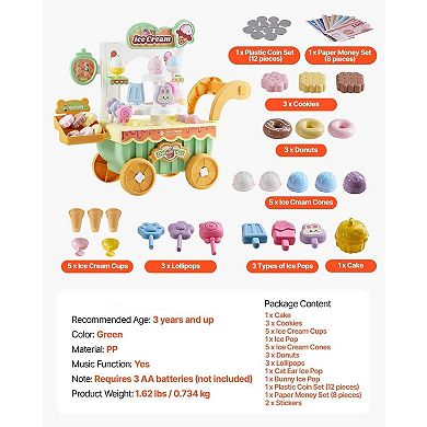 Kids Ice Cream Cart Playset with Cake, Lollipops, Cookies, and Imaginative Fun