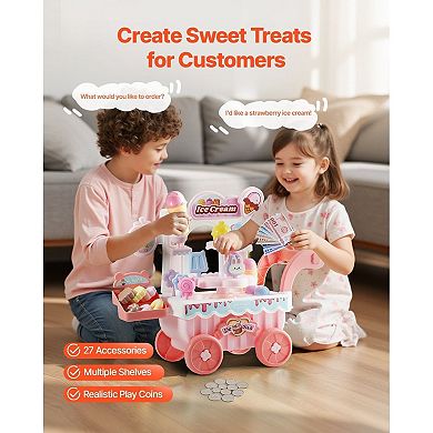 Kids Ice Cream Cart Playset with Cake, Lollipops, Cookies, and Imaginative Fun