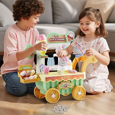 Kids Ice Cream Cart Playset with Cake, Lollipops, Cookies, and Imaginative Fun