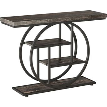 Industrial Entryway Console Table with Circular Metal Base, 4 tier Wood Look Shelves