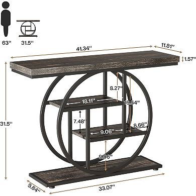 Industrial Entryway Console Table with Circular Metal Base, 4-Tier Wood Look Shelves