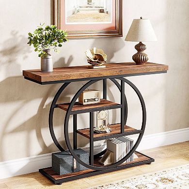 Industrial Entryway Console Table with Circular Metal Base, 4-Tier Wood Look Shelves