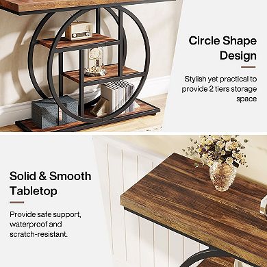 Industrial Entryway Console Table with Circular Metal Base, 4-Tier Wood Look Shelves