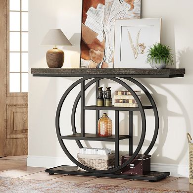 Industrial Entryway Console Table with Circular Metal Base, 4-Tier Wood Look Shelves