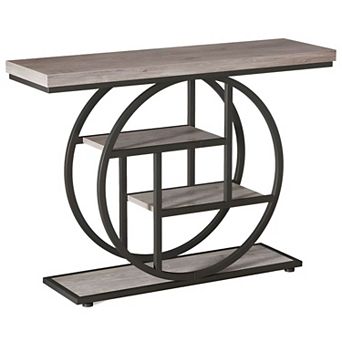 Industrial Entryway Console Table with Circular Metal Base, 4 tier Wood Look Shelves