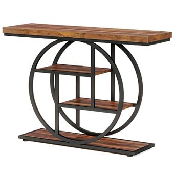 Industrial Entryway Console Table with Circular Metal Base, 4 tier Wood Look Shelves
