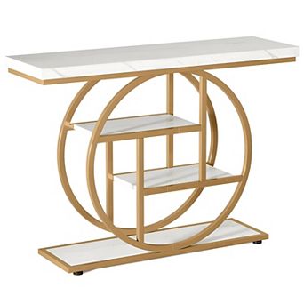 Industrial Entryway Console Table with Circular Metal Base, 4 tier Wood Look Shelves