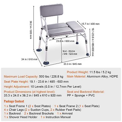 Adjustable Tub Bench for Adults with Padded Seat, Reversible Backrest, and Showerhead Holder, Grey