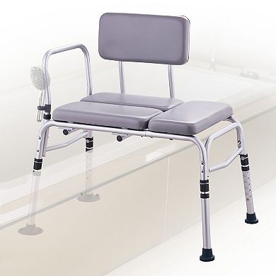 Adjustable Tub Bench for Adults with Padded Seat, Reversible Backrest, and Showerhead Holder, Grey