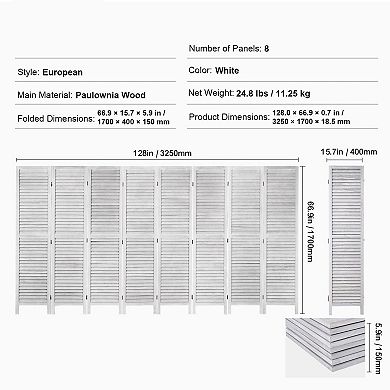 Wood Folding Room Divider Screen 8 Panel, Wide Privacy Divider for Open Floor Plans