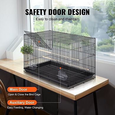 Carbon Steel Bird Cage with Multiple Perches, Slide-Out Tray, and Feeding Boxes - Black