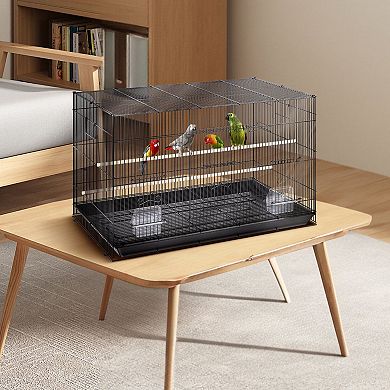 Carbon Steel Bird Cage with Multiple Perches, Slide-Out Tray, and Feeding Boxes - Black
