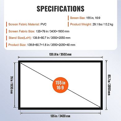 155-Inch Projector Screen Wall Mount Home Theater Classroom Business 16:9 HD 4K 3D, Black