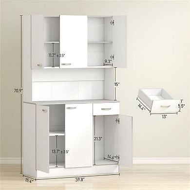 Tall Pantry Cabinet with Counter Space, Adjustable Shelves and Drawer for Microwave