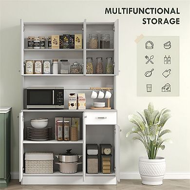 Tall Pantry Cabinet with Counter Space, Adjustable Shelves and Drawer for Microwave