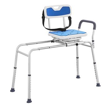 Sliding Tub Transfer Bench for Seniors with 360 Swivel Seat, Adjustable Height, Safety Belt, Blue