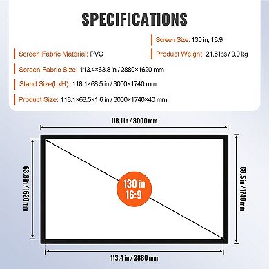 113-Inch Wall Mounted Projector Screen 16:9 HD PVC Home Theater Classroom Outdoor 4K 3D, Black