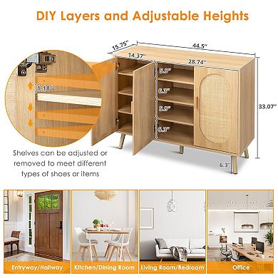 Rattan Door Sideboard Cabinet with Adjustable Shelves and Wide Top Surface