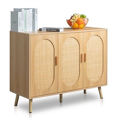 Rattan Door Sideboard Cabinet with Adjustable Shelves and Wide Top Surface