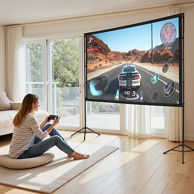 Portable 100-Inch Tripod Projection Screen Foldable Polyester Indoor Outdoor Viewing, Black