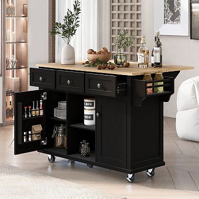 Kitchen Island Cart with Towel Bar, Spice Rack and Adjustable Shelves