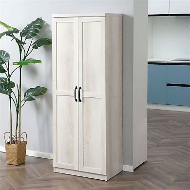 Freestanding Vertical Storage Cabinet with Enclosed Shelves and Recessed Doors