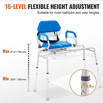 Adjustable Sliding Tub Bench for Adults with Soft 1.9-Inch Seat, Swivel, and Pivoting Armrests, Blue