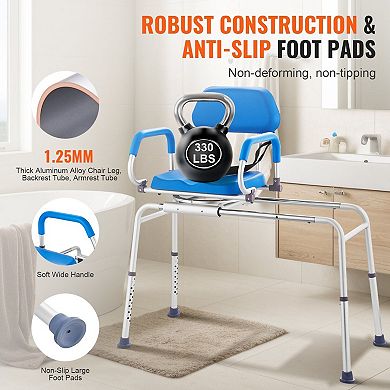 Adjustable Sliding Tub Bench for Adults with Soft 1.9-Inch Seat, Swivel, and Pivoting Armrests, Blue