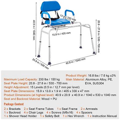 Adjustable Sliding Tub Bench for Adults with Soft 1.9-Inch Seat, Swivel, and Pivoting Armrests, Blue