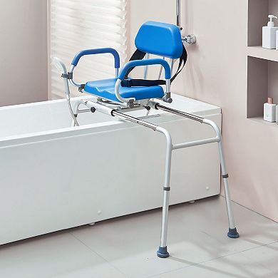 Adjustable Sliding Tub Bench for Adults with Soft 1.9-Inch Seat, Swivel, and Pivoting Armrests, Blue