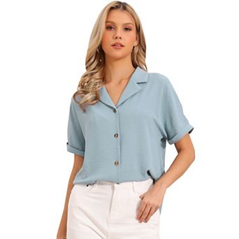 Women's Business Blouses Dressy Casual V Neck Short Sleeve Button Down Shirts Relaxed Work Tops