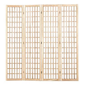 4 Panel Folding Room Divider with Grid Design, Wood Privacy Screen