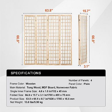 4 Panel Folding Room Divider with Grid Design, Wood Privacy Screen