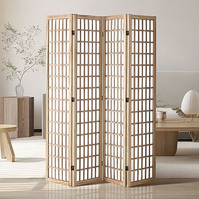 4 Panel Folding Room Divider with Grid Design, Wood Privacy Screen