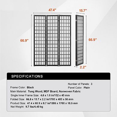 Folding Room Divider Screen 3 Panel, Japanese Grid Style Privacy Divider