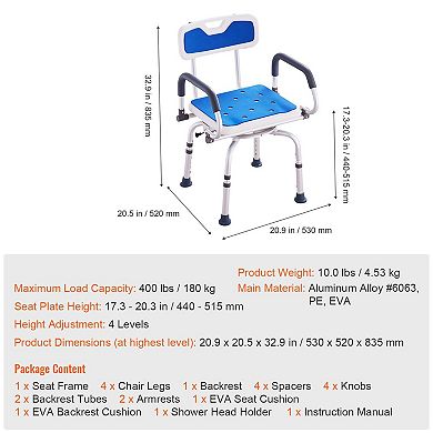 Blue Shower Chair with Rotating Seat, Soft Backrest, and 4-Level Height Adjustment for Adults