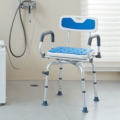 Blue Shower Chair with Rotating Seat, Soft Backrest, and 4-Level Height Adjustment for Adults