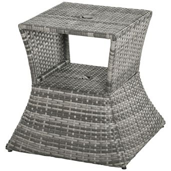 Patio Wicker Side Table with Umbrella Hole and Storage Shelf