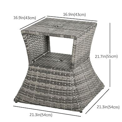 Patio Wicker Side Table with Umbrella Hole and Storage Shelf