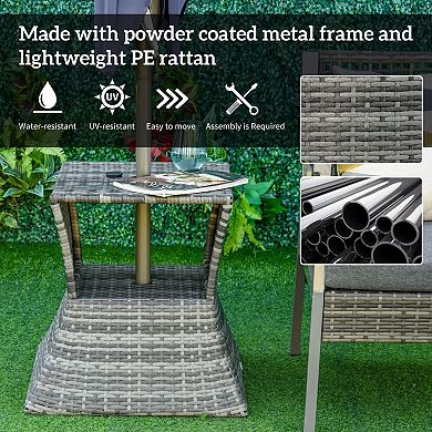 Patio Wicker Side Table with Umbrella Hole and Storage Shelf