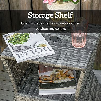 Patio Wicker Side Table with Umbrella Hole and Storage Shelf