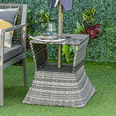 Patio Wicker Side Table with Umbrella Hole and Storage Shelf