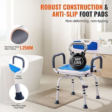 Blue Shower Chair with Rotating Seat, Armrests, and 4-Level Height Adjustment for Adults