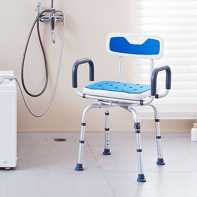 Blue Shower Chair with Rotating Seat, Armrests, and 4-Level Height Adjustment for Adults