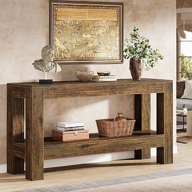 Rustic Farmhouse Console Table with Storage Shelves for Entryway