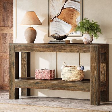 Rustic Farmhouse Console Table with Storage Shelves for Entryway