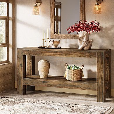 Rustic Farmhouse Console Table with Storage Shelves for Entryway