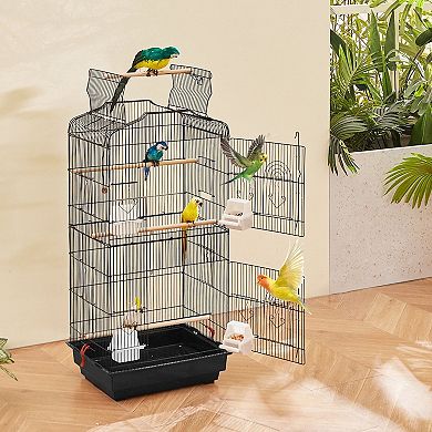Iron Wire Bird Cage with Anti-Corrosive Coating, 4 Feeding Doors, and Safe Bar Spacing