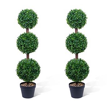3FT Artificial Triple Ball Boxwood Topiary Tree with Black Planter, Set of 2