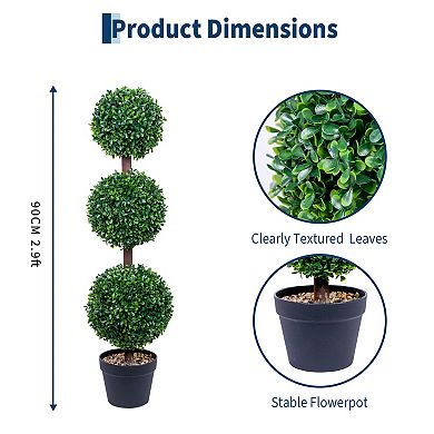 3FT Artificial Triple Ball Boxwood Topiary Tree with Black Planter, Set of 2